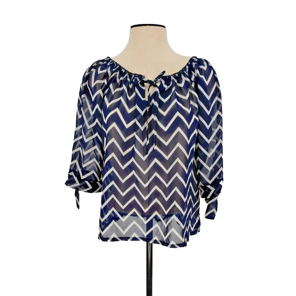Vertiche Woman Blue Geometric Sheer Pullover Blouse Size XL Dolman & Tie Sleeves